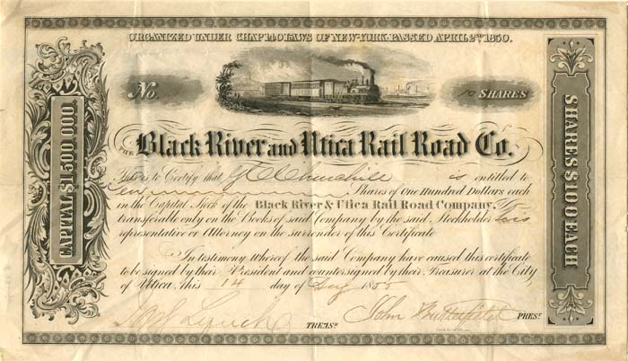 Black River and Utica Railroad Co. signed by John Butterfield